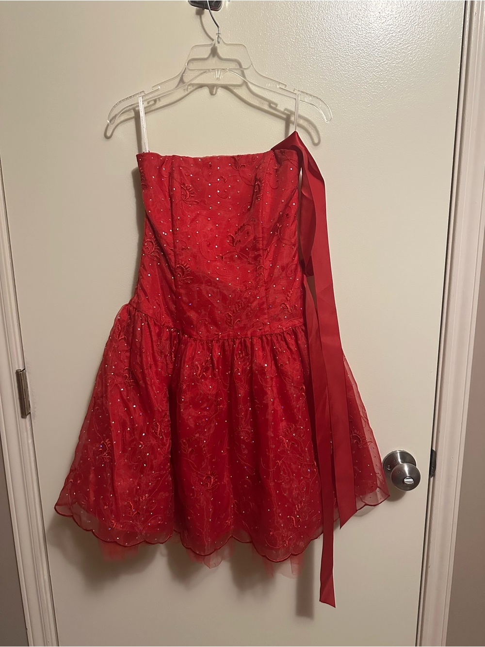 Womens Red Party Dress with Ribbon Accent